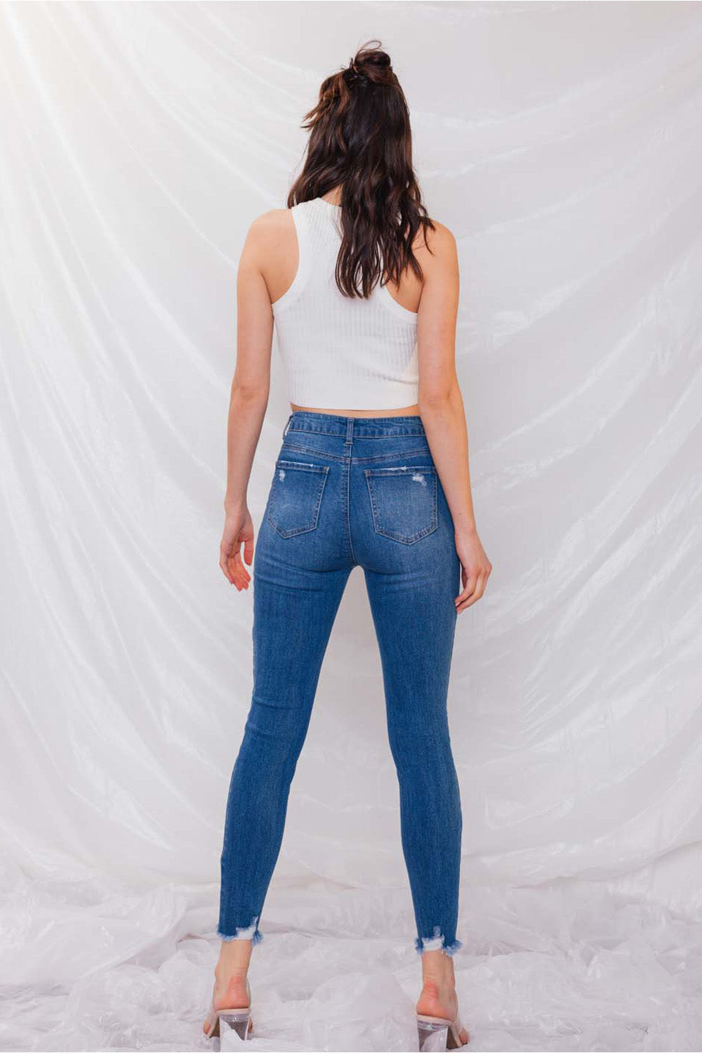 Destructed High Rise Ankle Skinny Jeans
